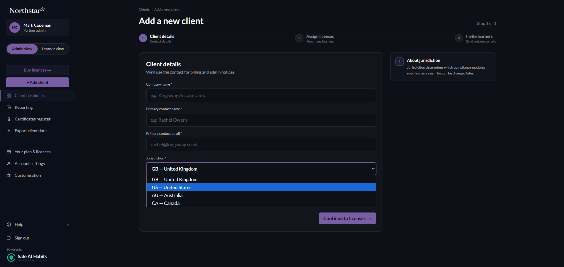 Safe AI Habits add client screen