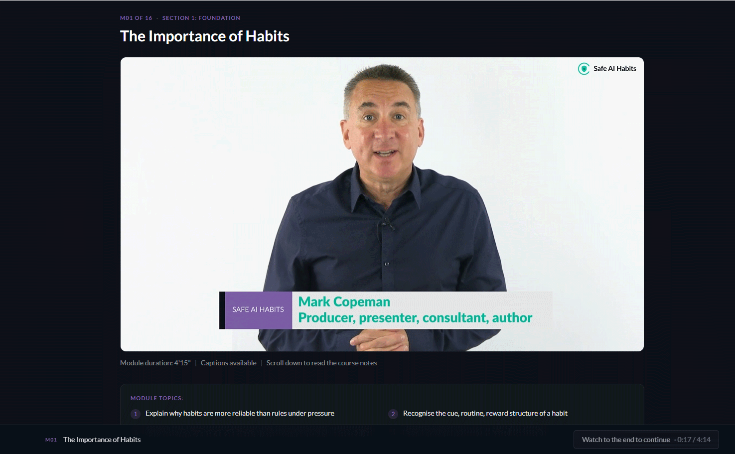 Safe AI Habits learner dashboard